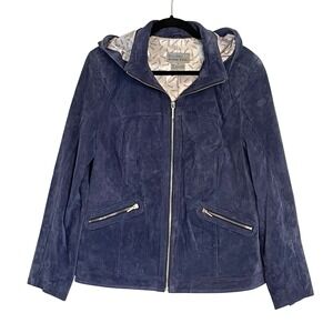 Bradley Bayou Womens Navy Blue Genuine Leather Suede Hooded Zip Jacket M A1726